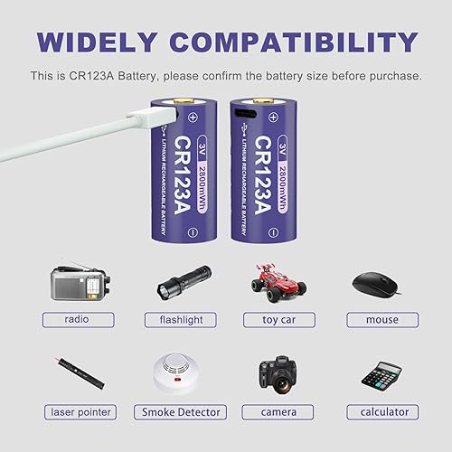 Miniatura 6 de CBJJ Batería CR123A de 3 V CR123A recargable USB C, batería de litio de 2800 mWh, para cámara y linternas (paquete de 4, morado)