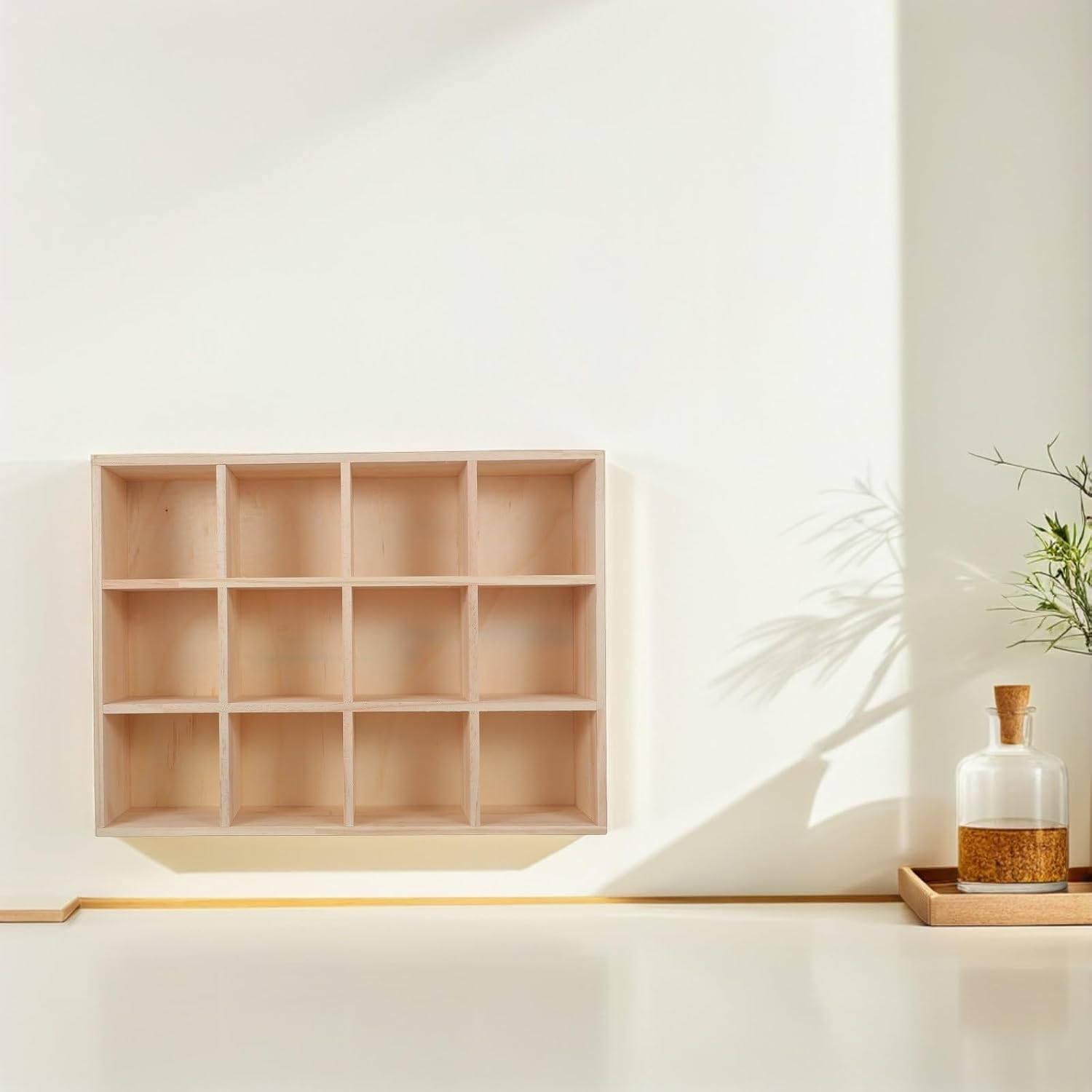 Display Shelf and Flexible Installation Wall Mounted Wooden with 12 Compartments Rustic and D-Ring Mounting Tabs Multiuse Organization for Coffee Mugs and Accessories for Kitchen