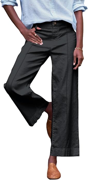 Twill Wide Leg Pants for Women Comfy Elastic Waist Dress Pants Business Casual Palazzo Pants with Pockets Chino Pants