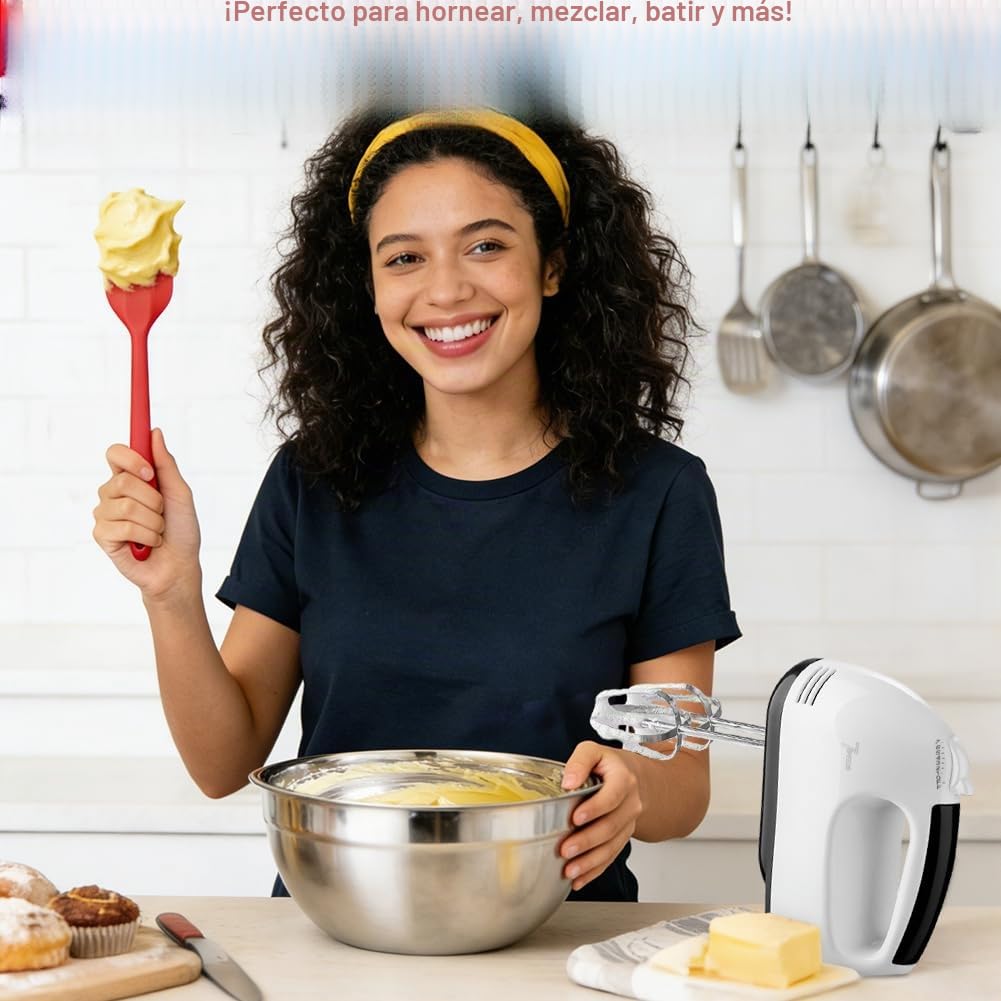 Leaflai Batidora eléctrica de mano con 7 velocidades, varillas eléctricas, 4 cuencos grandes, cuencos insertables de acero inoxidable, vasos medidores, cucharas y varillas Turbo Boost para la cocina