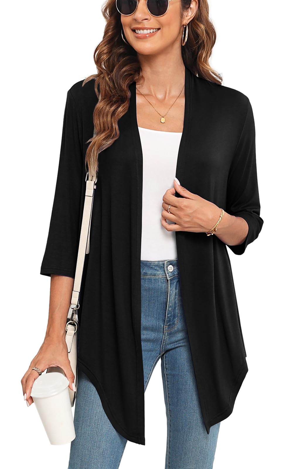 Womens 2025 Casual 3 4 Sleeve Cardigan Tie Front Lightweight Soft Open Front Cardigans