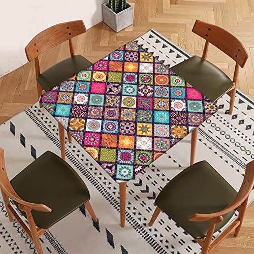 Boho Spring Fitted Tablecloth Square, Buffalo Plaid & Flower Elastic Edge Decor Table Clothes, Stain Wrinkle Resistant Polyester Table Cover For Indoor Outdoor Picnic Party Use, Fits 36X36 Inch Table #TOP1