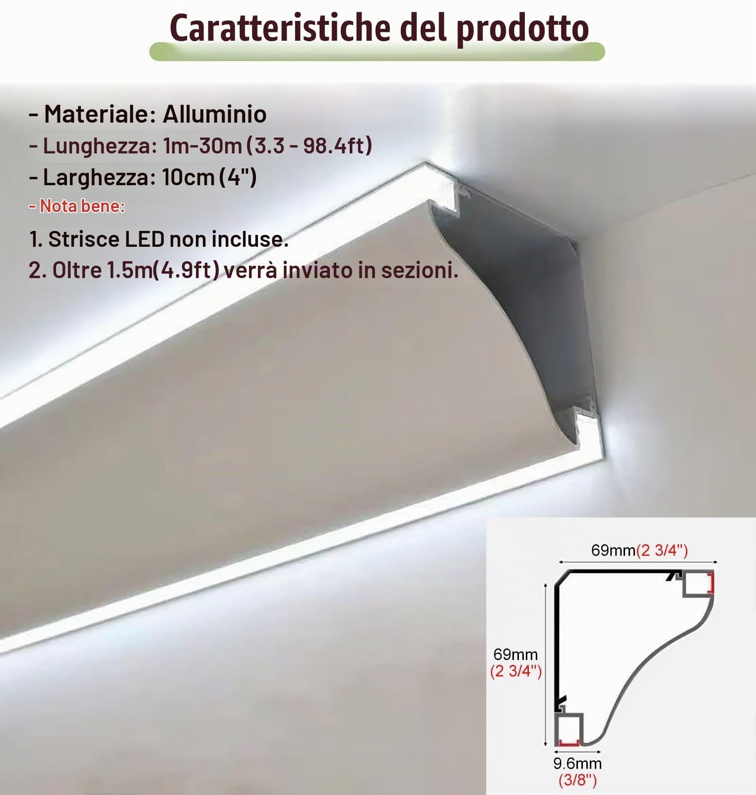 Profili per Strisce Led Illuminazione di Finitura per Cornice a Soffitto con Terminali, Illuminazione a Battiscopa, Diffusore di Luce a LED, Canale Wallwasher, Scanalatura in Alluminio per Cornice a L
