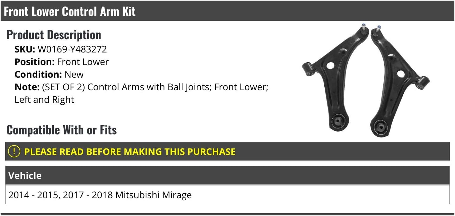 Front Lower Control Arm Kit - Set of 2; Left and Right - Compatible with 2014-2015, 2017-2018 Mitsubishi Mirage (Excludes 2016)