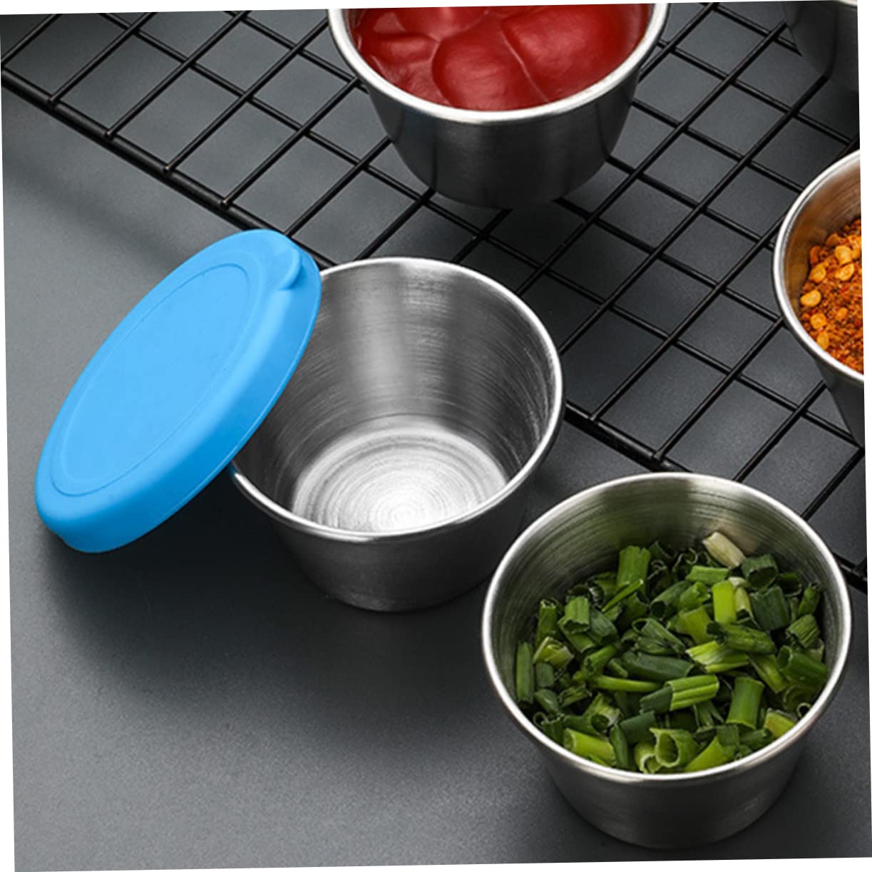 LIFKOME 6pcs Sauce Cup with Lid Mini Dessert Cups Metal Sauce Dish Sushi Soy Dipping Bowls Sushi Dipping Saucers Salad Dressing Container Vinegar Dish Spices Stainless Steel Household