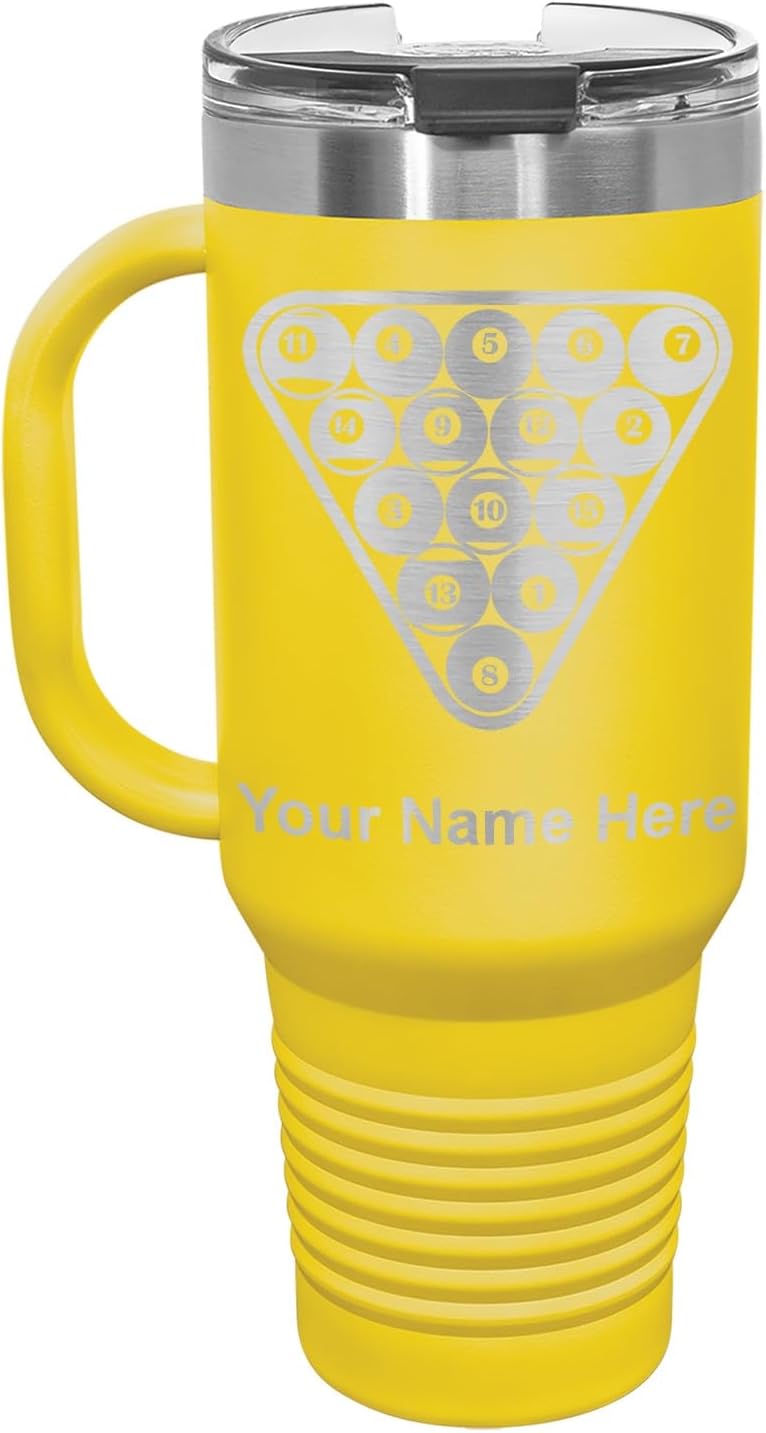LaserGram 40oz Vacuum Insulated Travel Mug with Handle, Billiard Balls, Personalized Engraving Included (Yellow)