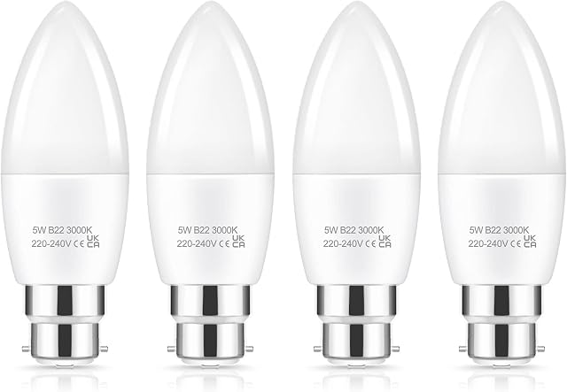 EvaStary B22 Bayonet Candle Bulbs, C37 LED 5W Bayonet Candle Cap, B22 LED Bayonet Light Bulb 40W Equivalent, Warm White 3000K, Non-Dimmable Energy Saving Light Bulbs for Home Lighting, 4 Pack