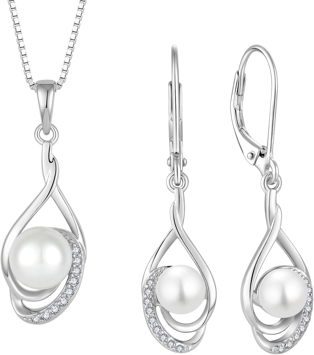 Freshwater Pearl Jewelry Set Teardrop Twist Pendant Necklace Drop Earrings Set
