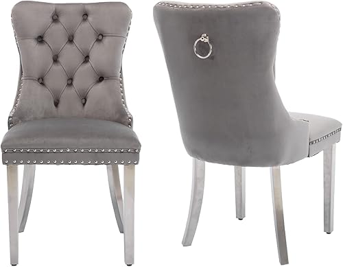Miniatura 123 de Aoowow Juego de 2 sillas de comedor tapizadas de terciopelo, sillas laterales sin brazos con respaldo de ala, botones y patas de madera maciza para