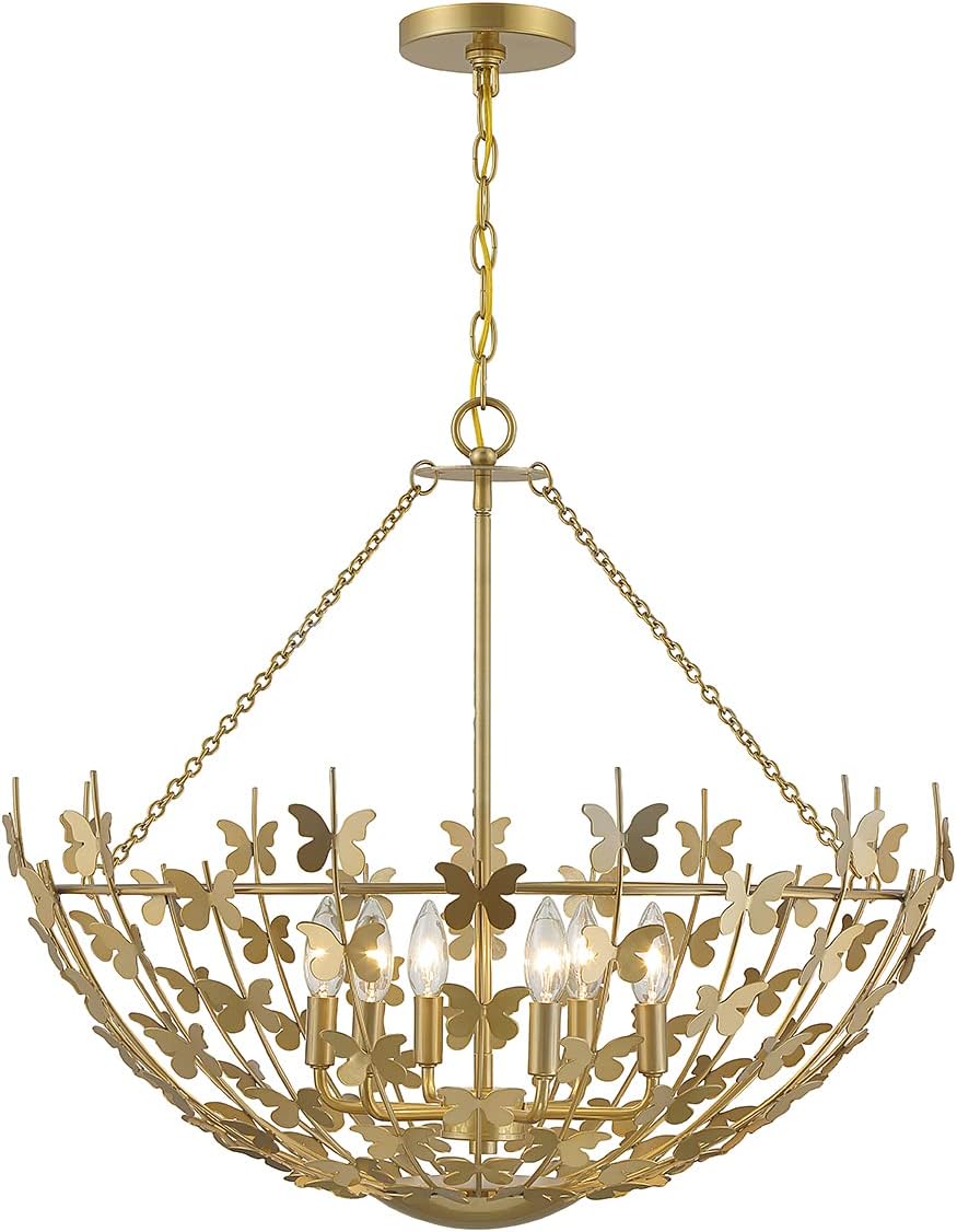 Savoy House 7-4199-6-171 Birch Modern Bohemian/Eclectic Open Bowl-Shaped Metal Butterflies Pendant, 6-Light 360 Total Watts, 23" H x 28" W, Burnished Brass