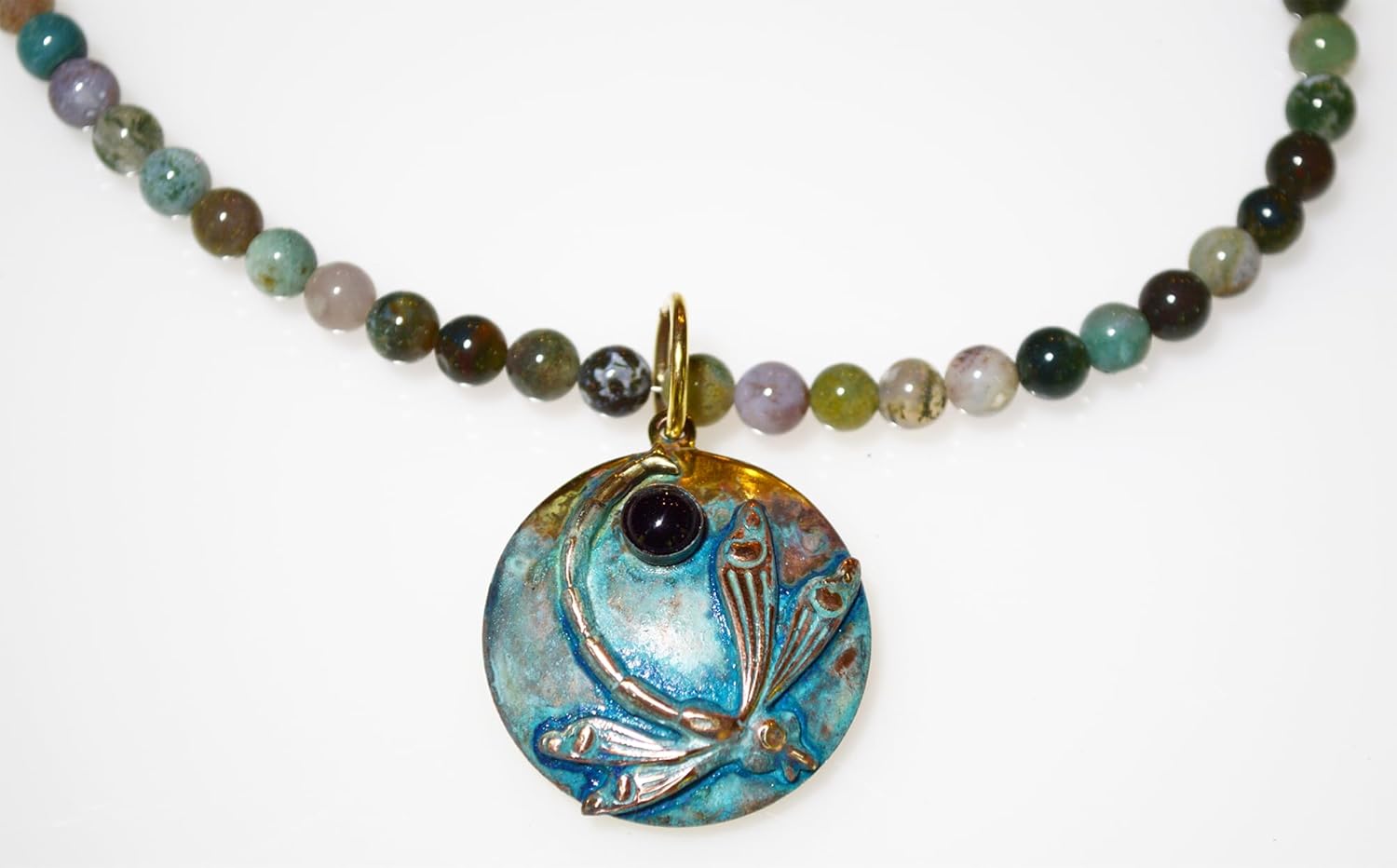 Elaine Coyne Collectible Artwear Dragonfly Necklace - Nephrite Jade, Fancy Jasper Beading - USA Made - Image 4