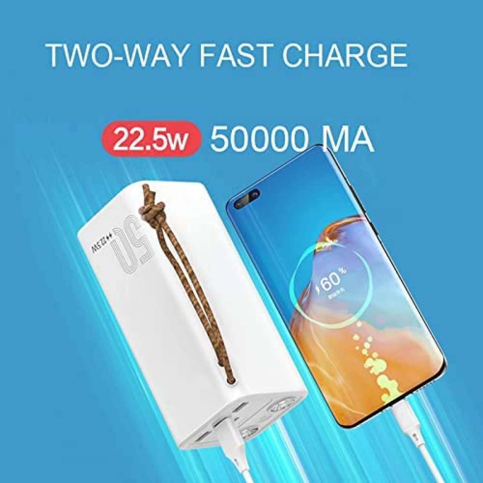 Power Bank 50000Mah Gran Capacidad 22.5W Carga Rápida Powerbank Cargador De Batería Externo Batería De Repuesto Teléfono Batería Auxiliar,Blanco