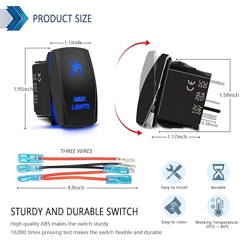 Miniatura 4 de Interruptor para luz LED de 5 pines con luz de encendidoapagado, luz LED azul 20 A12 V 10 A24 V con cables de puente para automotor, barco, camión,