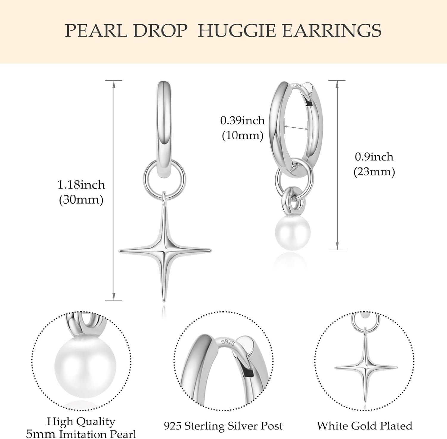 DAILY VIBES Small Gold Star Pearl Drop Dangle Earrings for Women Dainty 925 Sterling Silver Post Asymmetrical Mini 14K Gold Plated Huggie Hoop Earrings for Women - Image 3