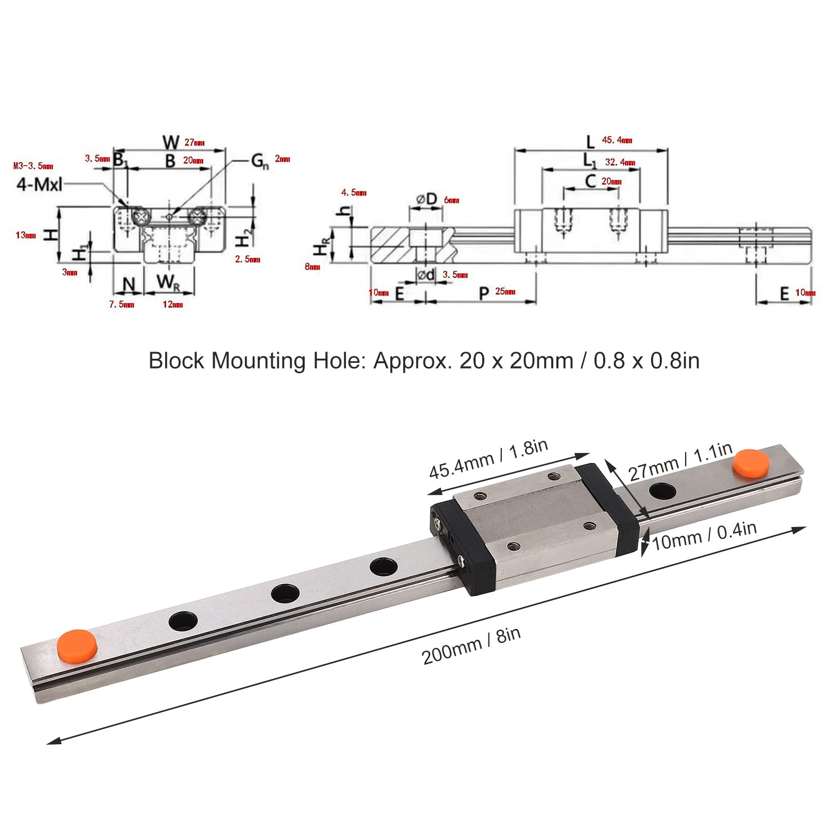200mm Linear Rail with MGN12H Stainless Steel Black Carriage Block for 3D Printer CNC XYZ DIY Engraving Machine