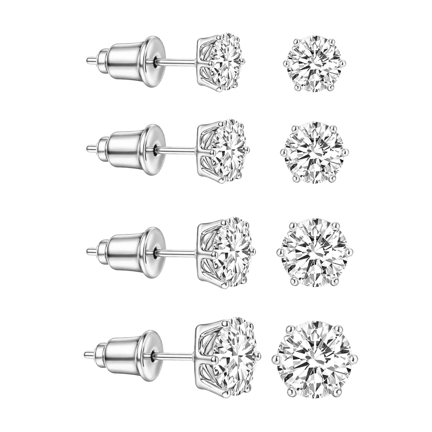 FASHIONS 18K Silver Plated Stainless Steel Anti Tarnish Multi Piercing White Stone Round Shape Ear Studs Hypoallergenic Lightweight 3 4 5 6mm Stud Earrings Combo Set for Women & Girls