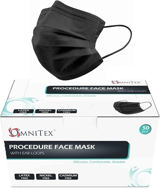 British Brand | Omnitex BLACK 3ply Premium Type IIR Disposable Surgical Face Mask | EN14683:2019 | 98% Filtration, Fluid Resistant, Medical Face Mask 2R with Ear Loops - Pack of 50