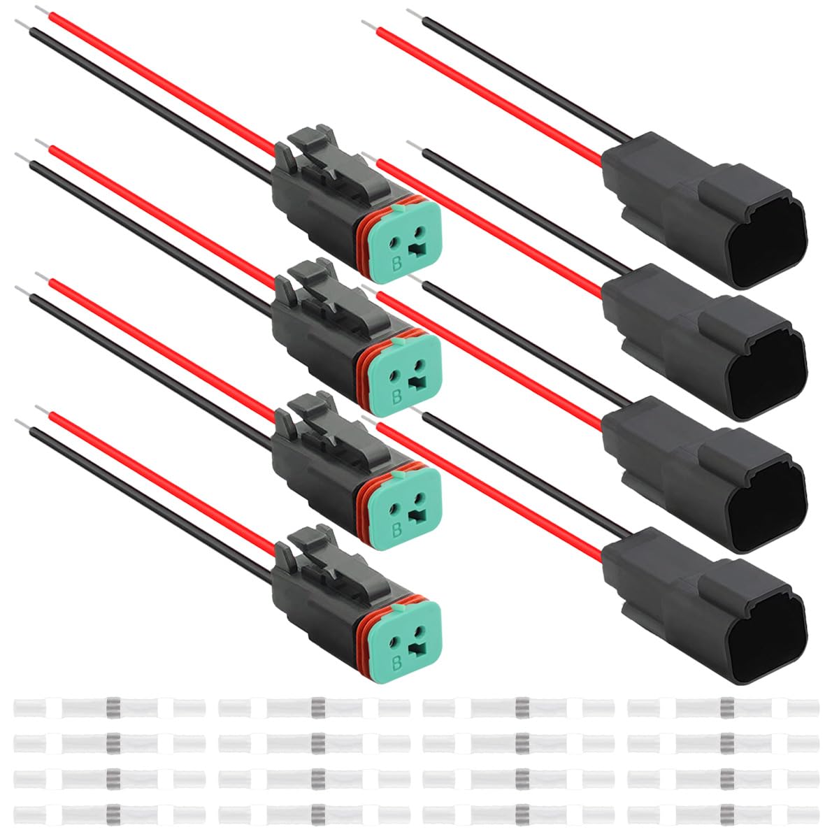 HAAMNING7 4 Pcs Auto Waterproof DT Series Electrical Wire Connector for Deutsch 2 Pin 16 AWG Male & Female Wire for Car/Truck/Boat LED Light Bar with Heat Shrink Tubing