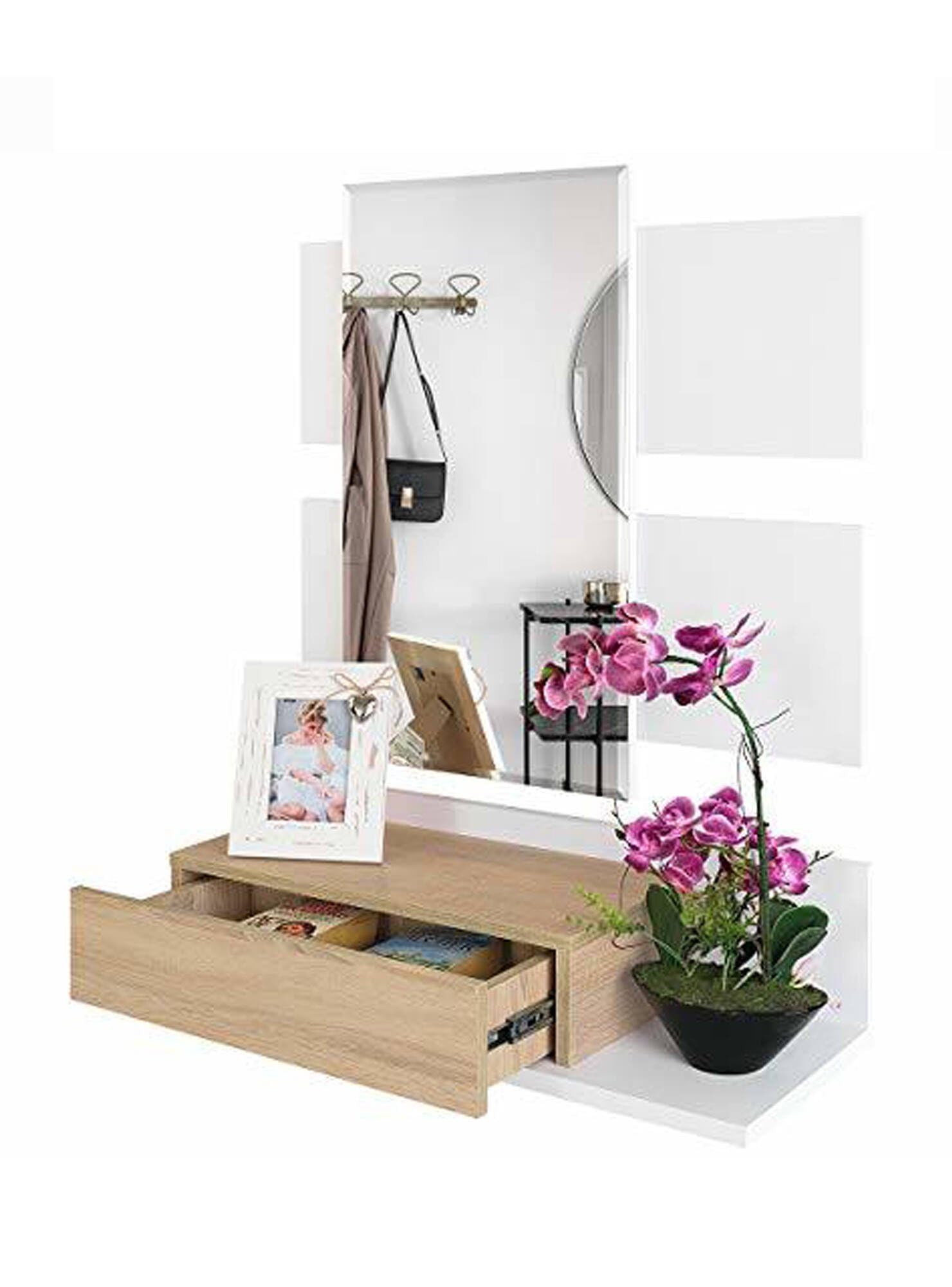 Dmora Mobile da Ingresso con cassetto e Specchio, Colore Noce e Bianco Lucido, cm 75 x 90 x 29