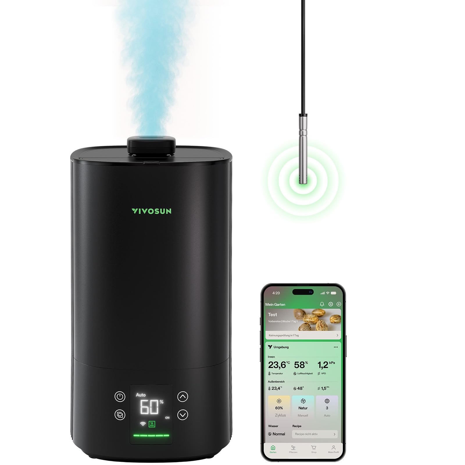 VIVOSUN Smart Humidifier 5L AeroStream H05 VPD Steuerung 24dB Leise 360° Cool Mist Top-Fill Ultraschall für Growzelte