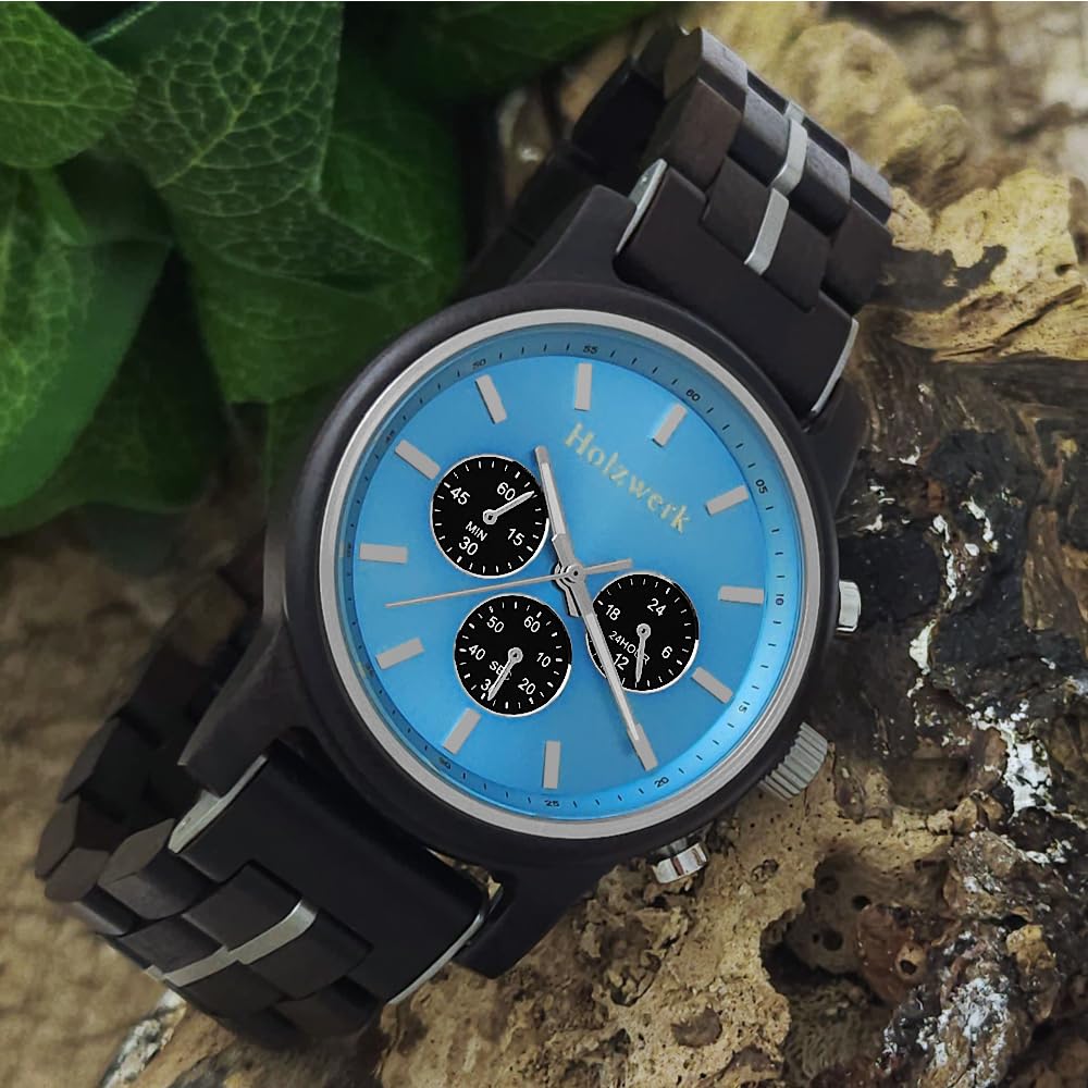 Holzwerk Germany Handgefertigte Designer Herren-Uhr Öko Natur Holz-Uhr Chronograph Armband-Uhr Analog Quarz-Uhr Braun Blau Datum Holz