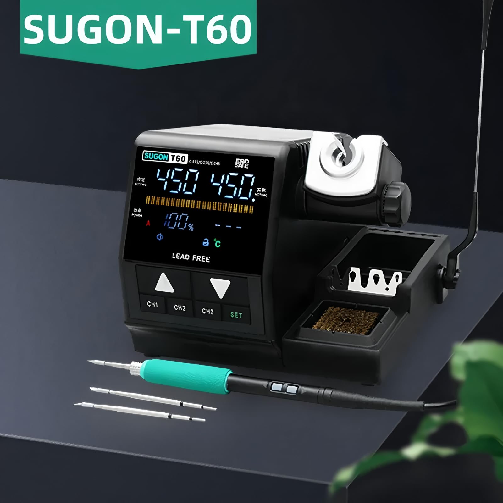 Estaciones de soldadura de calentamiento rápido Sugon T60 120W 2S calentamiento rápido hasta 380°C estaciones digitales de soldadura (T60+245+3 puntas)
