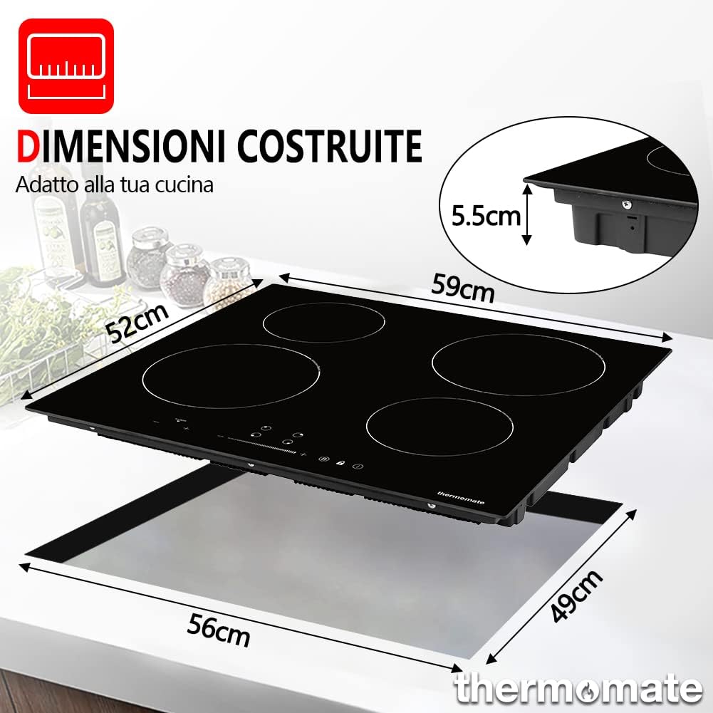 Thermomate IHTB604 Piano Cottura a Induzione da 60 cm Piano Cottura Elettrico da Incasso Booster Controllo del Cursore Fornello a Induzione Piastra in Ceramica Nera Thermomate IHTB604 Piano Cottura a Induzione da 60 cm Piano Cottura Elettrico da Incasso Booster Controllo del Cursore Fornello a Induzione Piastra in Ceramica Nera