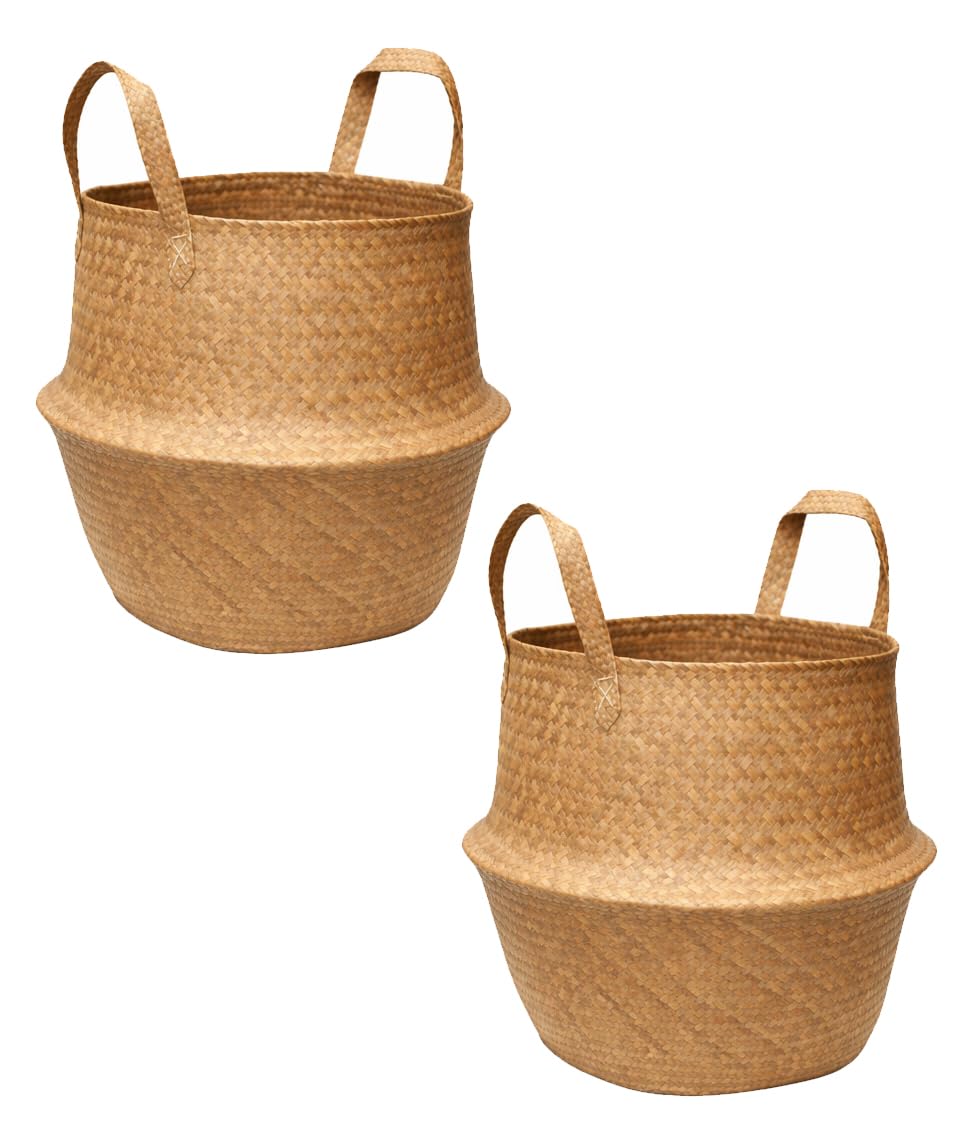 Muddy Hands Natural/Beige Seagrass Belly Basket With Handles - 30Cm Diameter X 34.5Cm Height - Woven Storage Basket For Plants, Laundry & Home Decor (2)