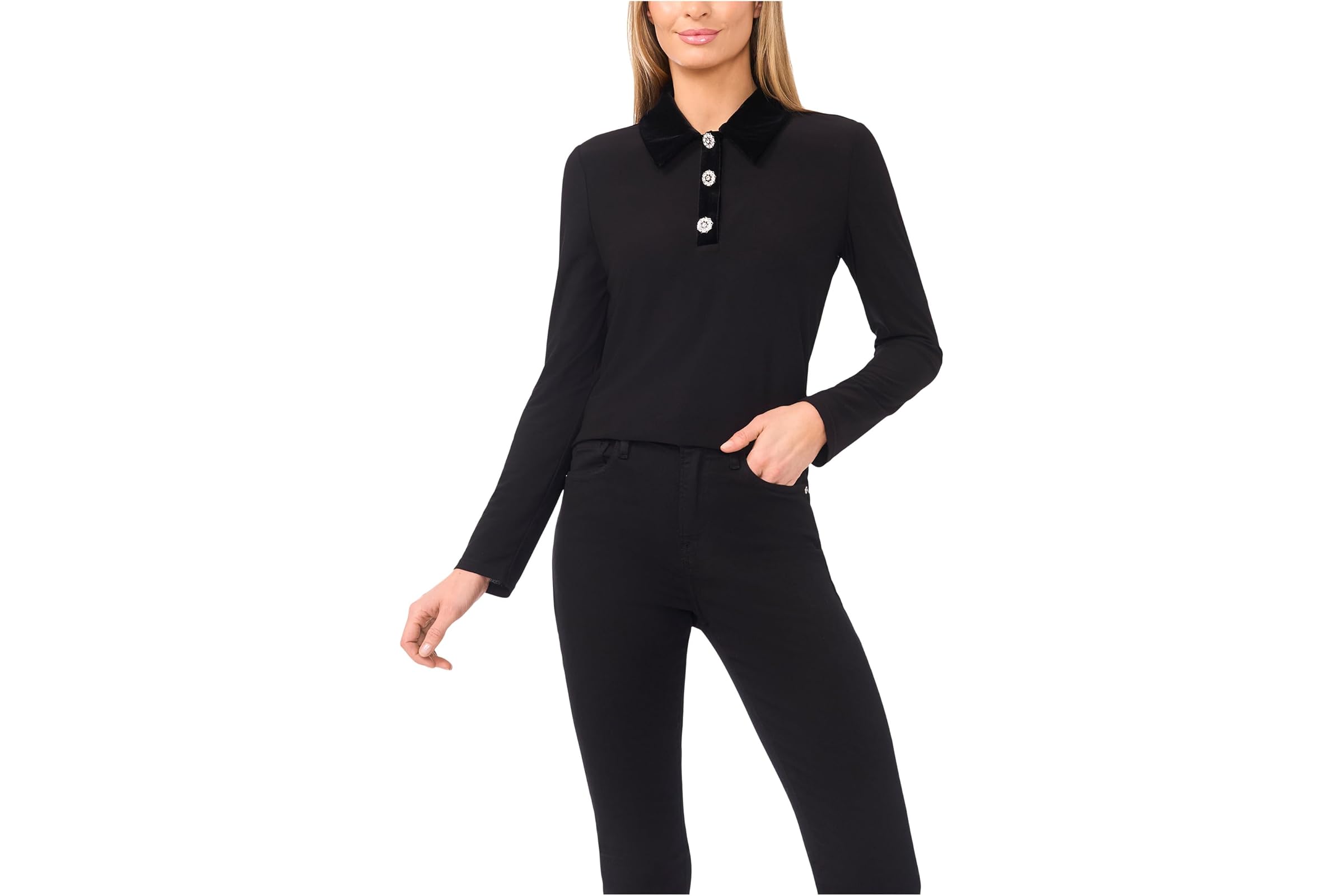 CeCe Mixed Media 1/2 Placket Collared Knit