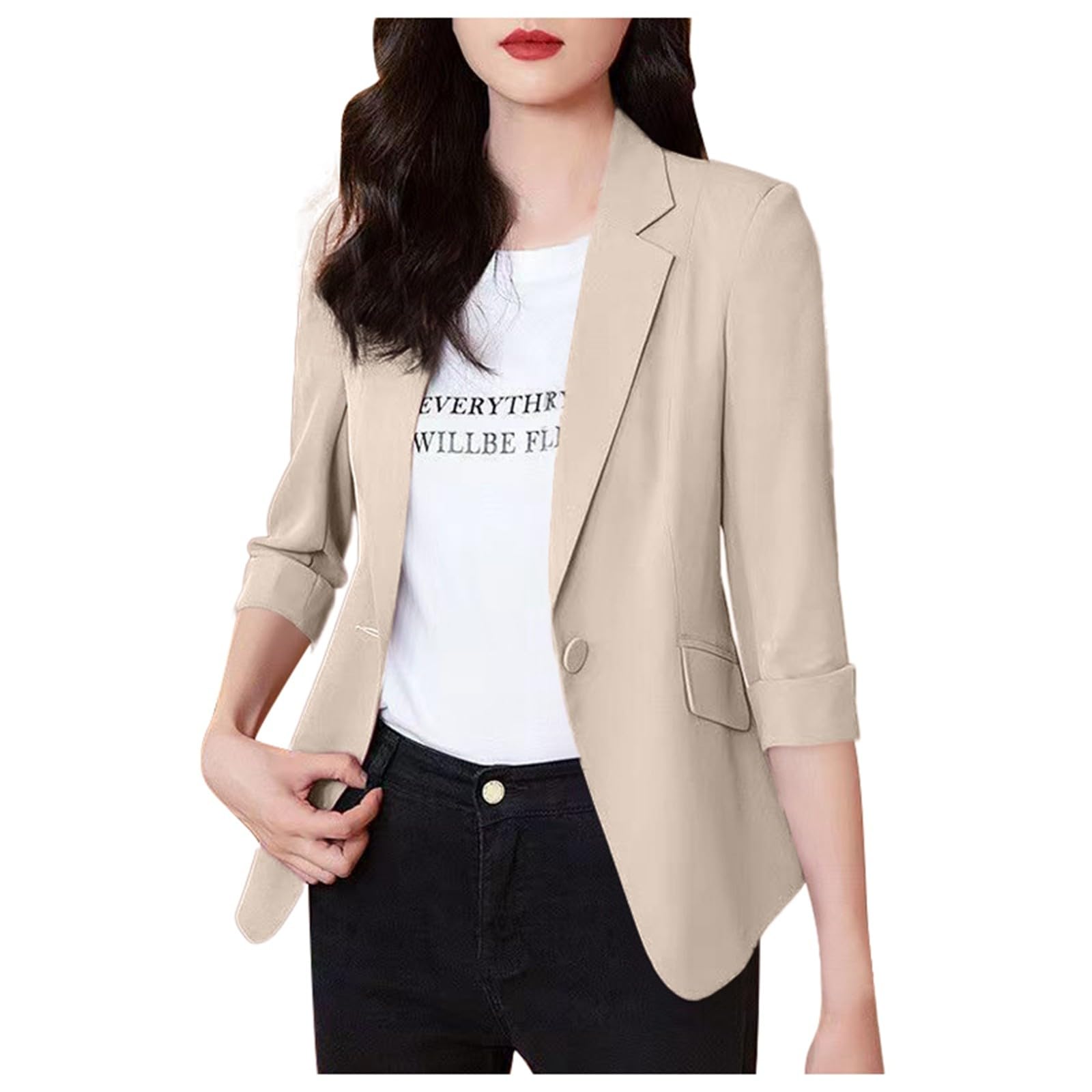 Generisch Blazer élégant pour femme - Veste de costume légère et cintrée en lin pour femme - Beige - Manches 3/4