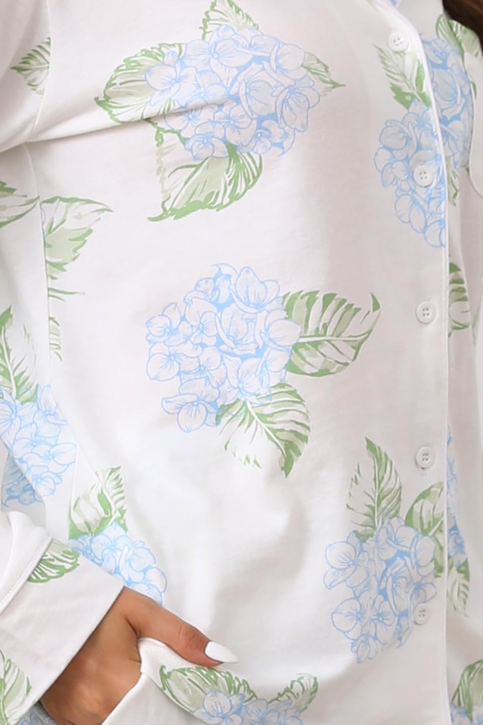LUBOT 100% Cotton Pajamas Set for Women Long Sleeve Button-Down PJ Set Soft Two-piece Set Printed Patterned Night Suit Sleepwear Loungewear (Hydrangea, M)