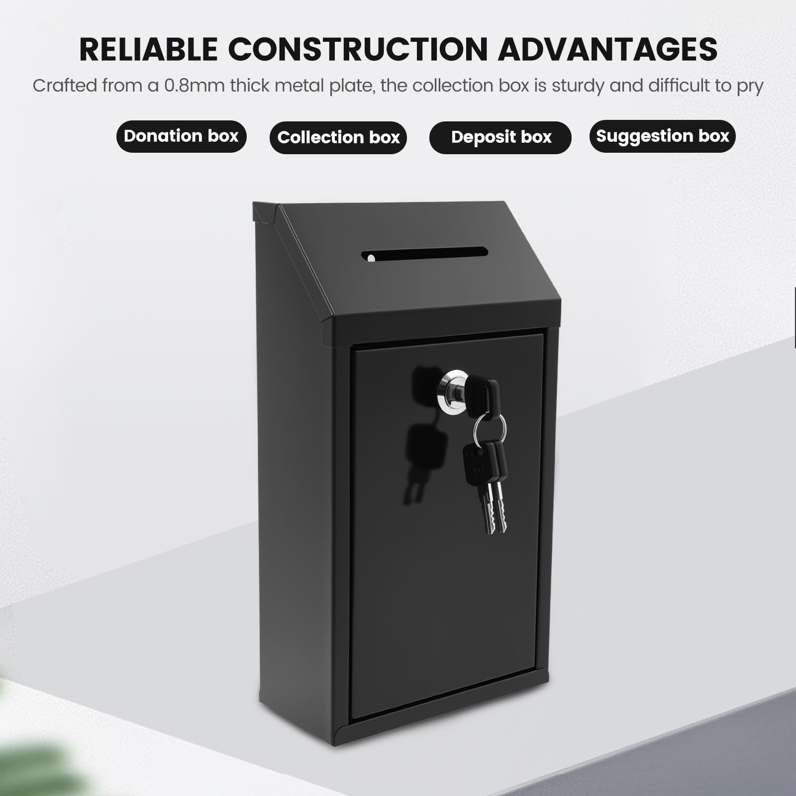 Metall Spendenbox,Briefkasten mit Schlüsselschloss,Outdoor Vorschlagsbox mit Einwurfschlitzen,Langlebig,für Zuhause,Büro,Außenbereich und Gewerbliche Standorte(schwarz)