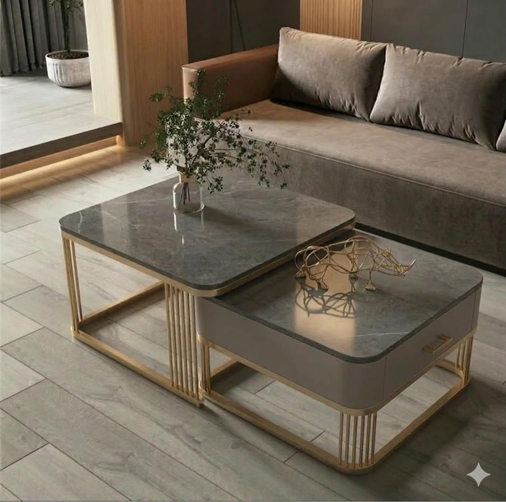 Modern Nesting Coffee Table Set of 2 with Drawer Storage,Finish Sofa Center Table with Gold Metal Frame Cocktail Tables for Living Room & Office (Golden Grey)-image-36