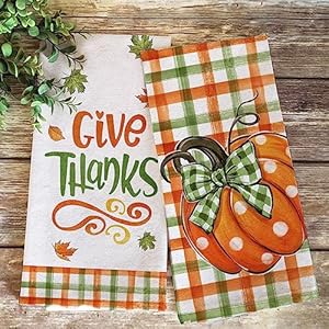 Seliem thanksgiving give thanks pumpkin kitchen dish towels set of 2 fall buffalo plaid check bow hand towels drying baking cooking cloth autumn maple leaves farmhouse home kitchen decor 18×26 inch  urban country home decor