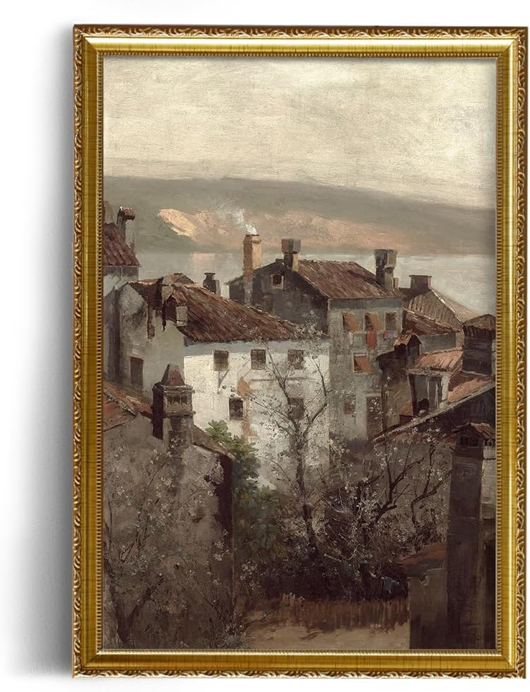 Rustic Farmhouse Wall Art Decor - Unframed Rolled 24x36 - Art Deco Pictures for Bathroom - French Country Kitchen Print Poster - Autumn Fall Lake Town Building - Neutral Aesthetic Vintage CottageCore