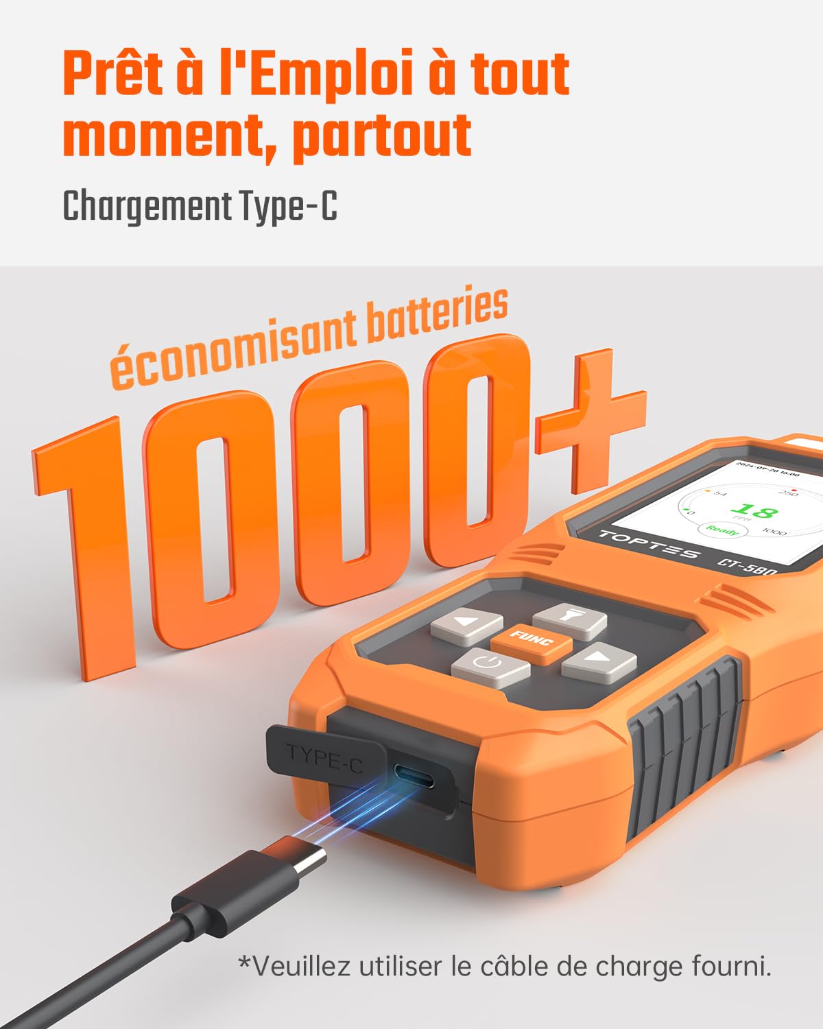 TOPTES CT-580 Détecteur de monoxyde de Carbone, détecteur de CO Rechargeable & Alarmes par Vibration, visuelles et sonores, Alarme CO Portable, 0-1000PPM pour Maison, Voiture, Camping & Voyages