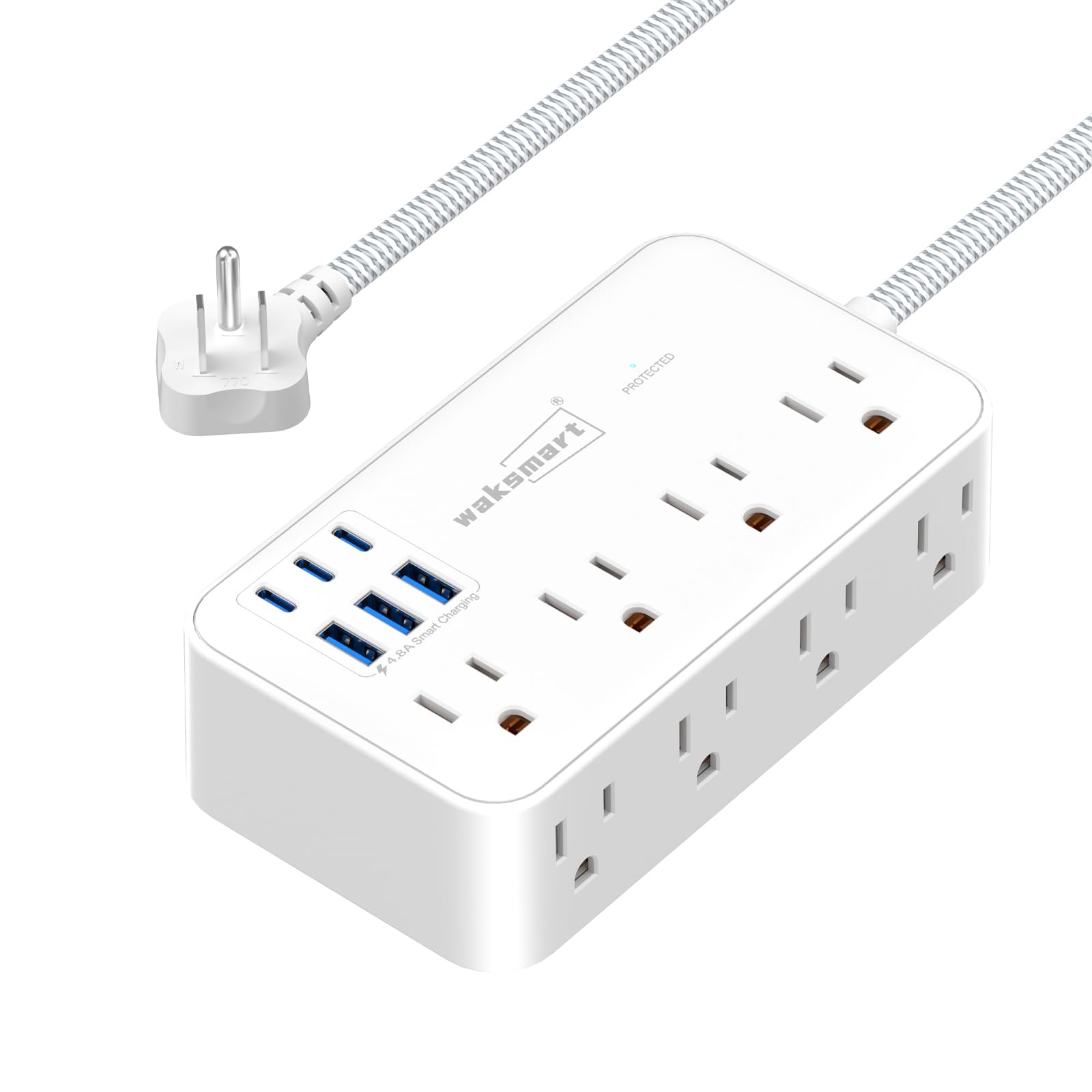 Waksmart - Steckdosenleiste mit Überspannungsschutz (2800J), 8 AC-Steckdosen mit 6 USB-Anschlüssen 4.8A/24W Ladestation für iPhone 15 Serie, 1,5 m flaches Verlängerungskabel, Stecker