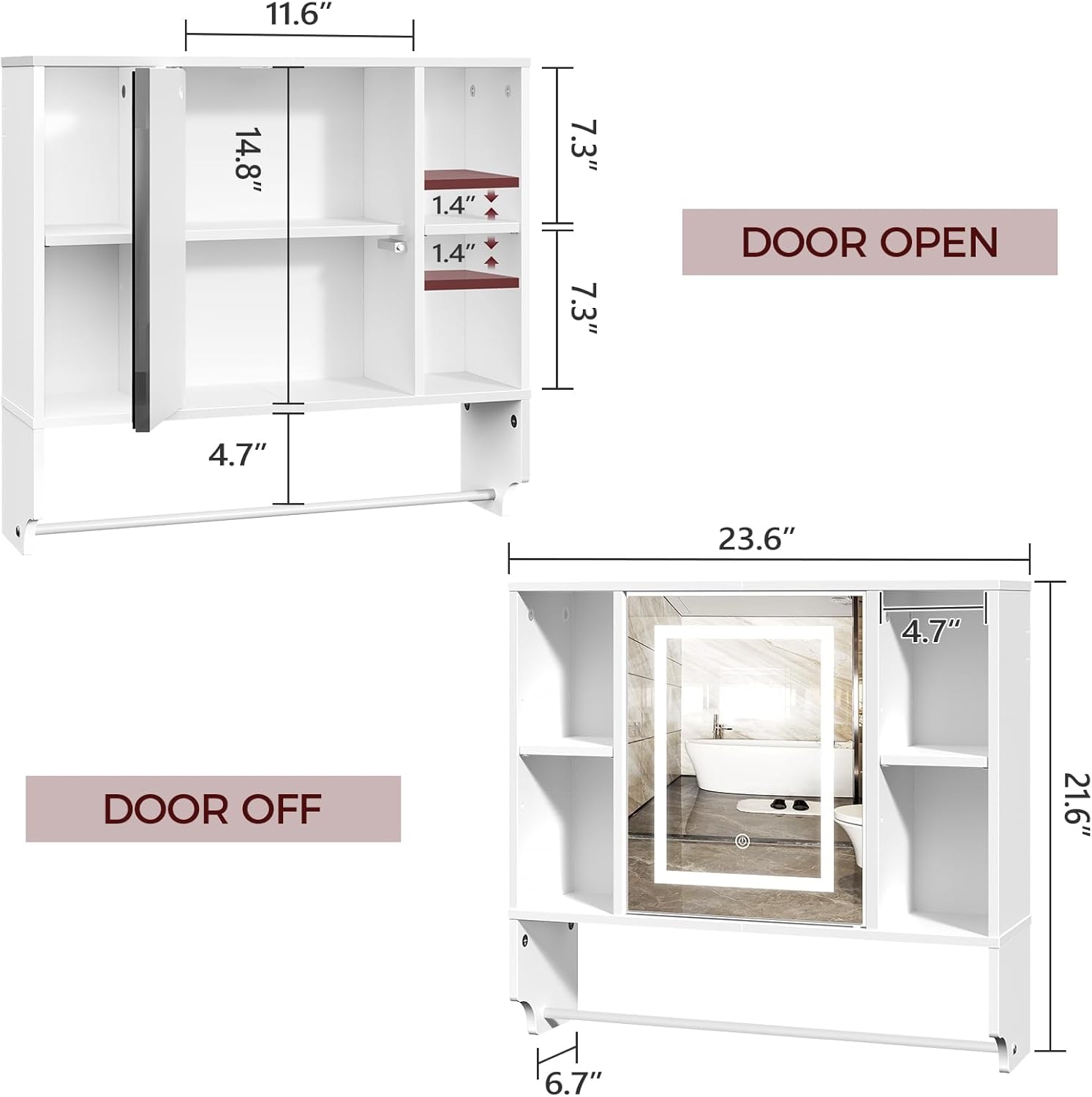 Diagram showing the dimensions of the MAHANCRIS WT2201 cabinet with door open and door off, including measurements for the mirror and shelves.