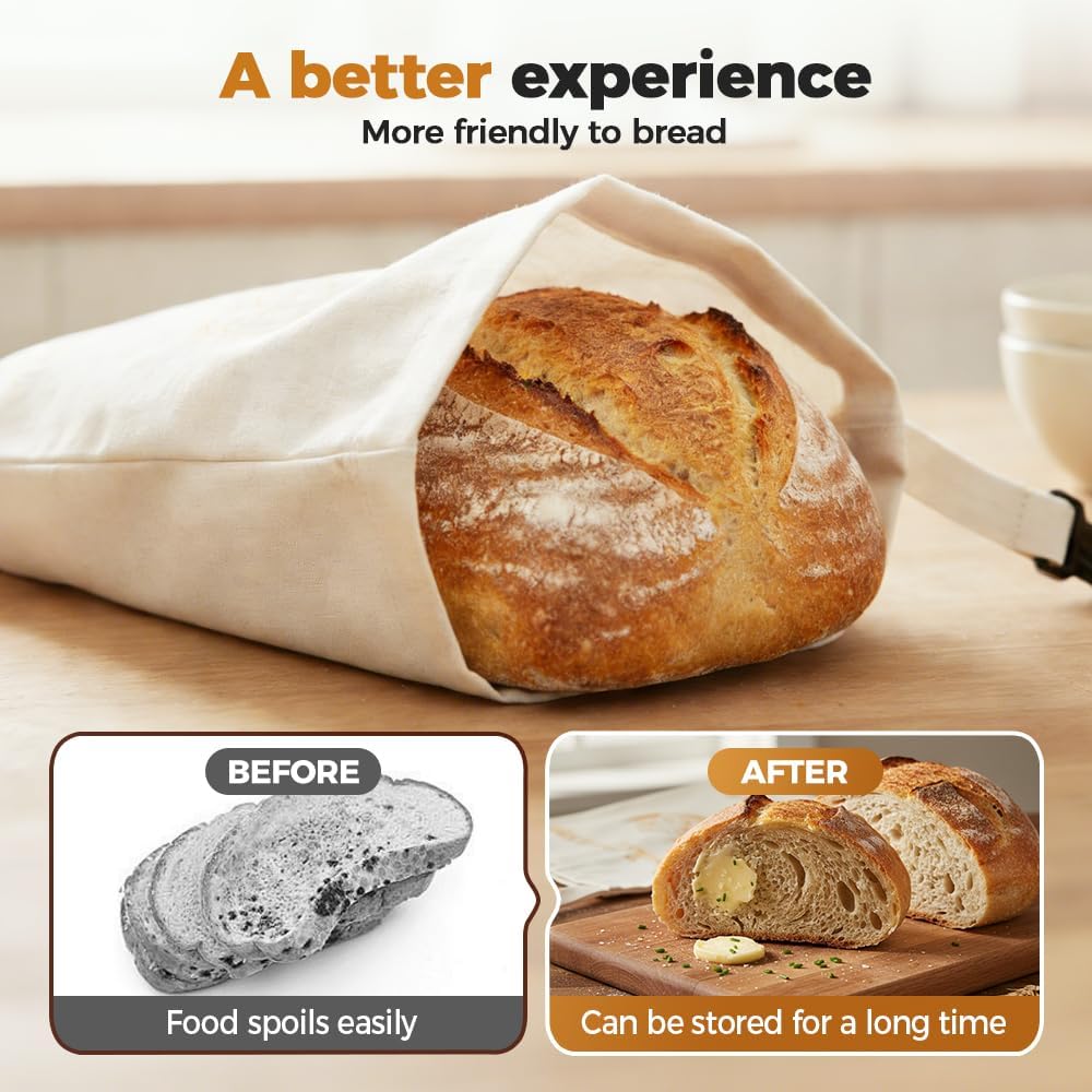 Beeswax Lining Bread Bag, Eco-Friendly Reusable Bread Bags for Bread Sourdough, with Buckle & Zipper for Bread Freshness with Sealing (2PCS A)