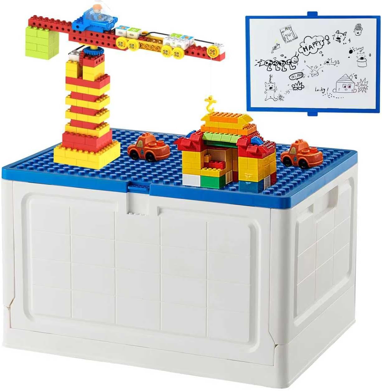 BOSEDSANG Folding Storage Box with Large Building Lid for Duplo Blocks, 28L Collapsible Storage Bin with Back Drawing Board, 29 Qt. Container Storage -1 Pack- Blue