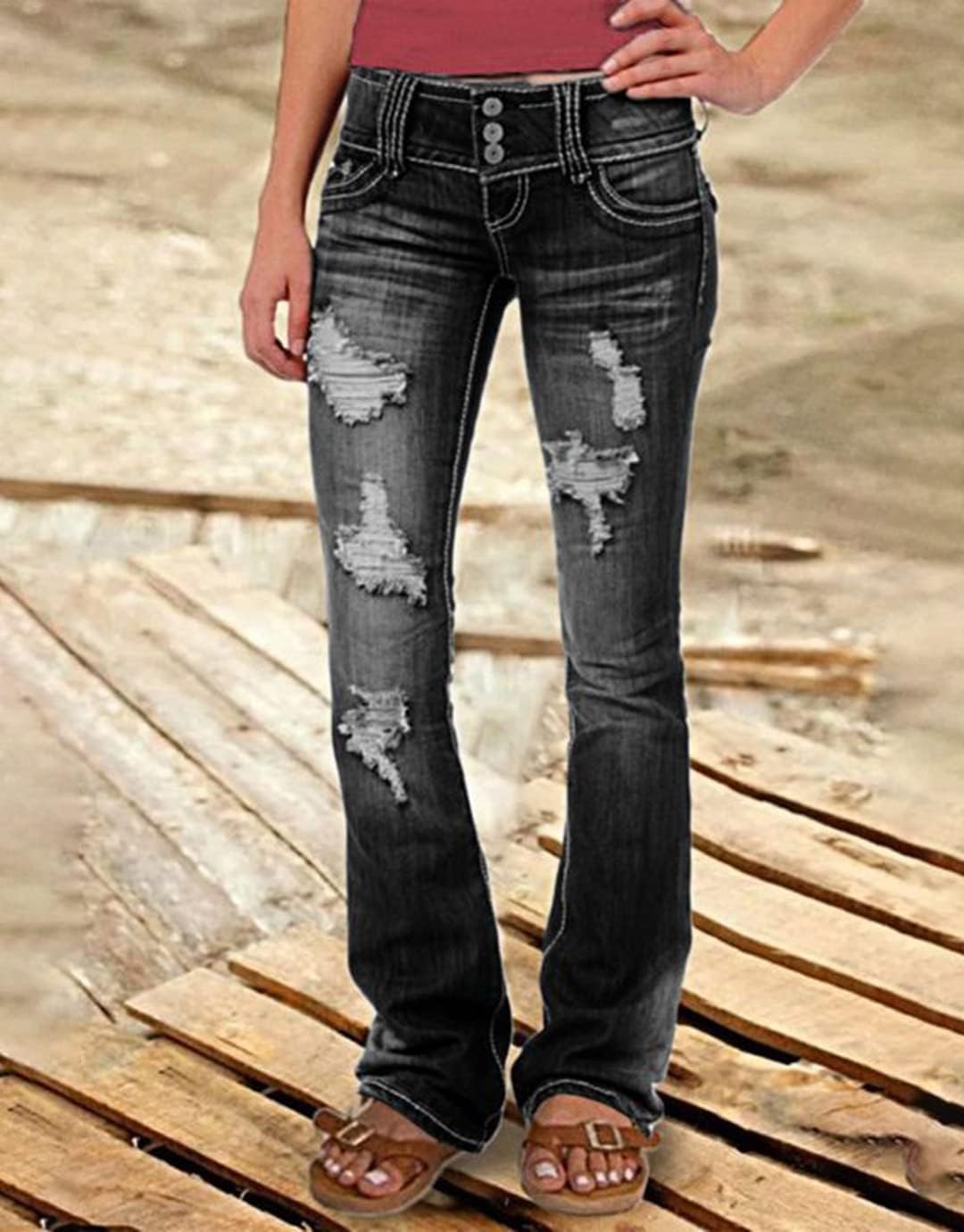 Flamingals Low Rise Ripped Bootcut Wide Leg Jeans for Women Stretchy Denim Pants - Image 3