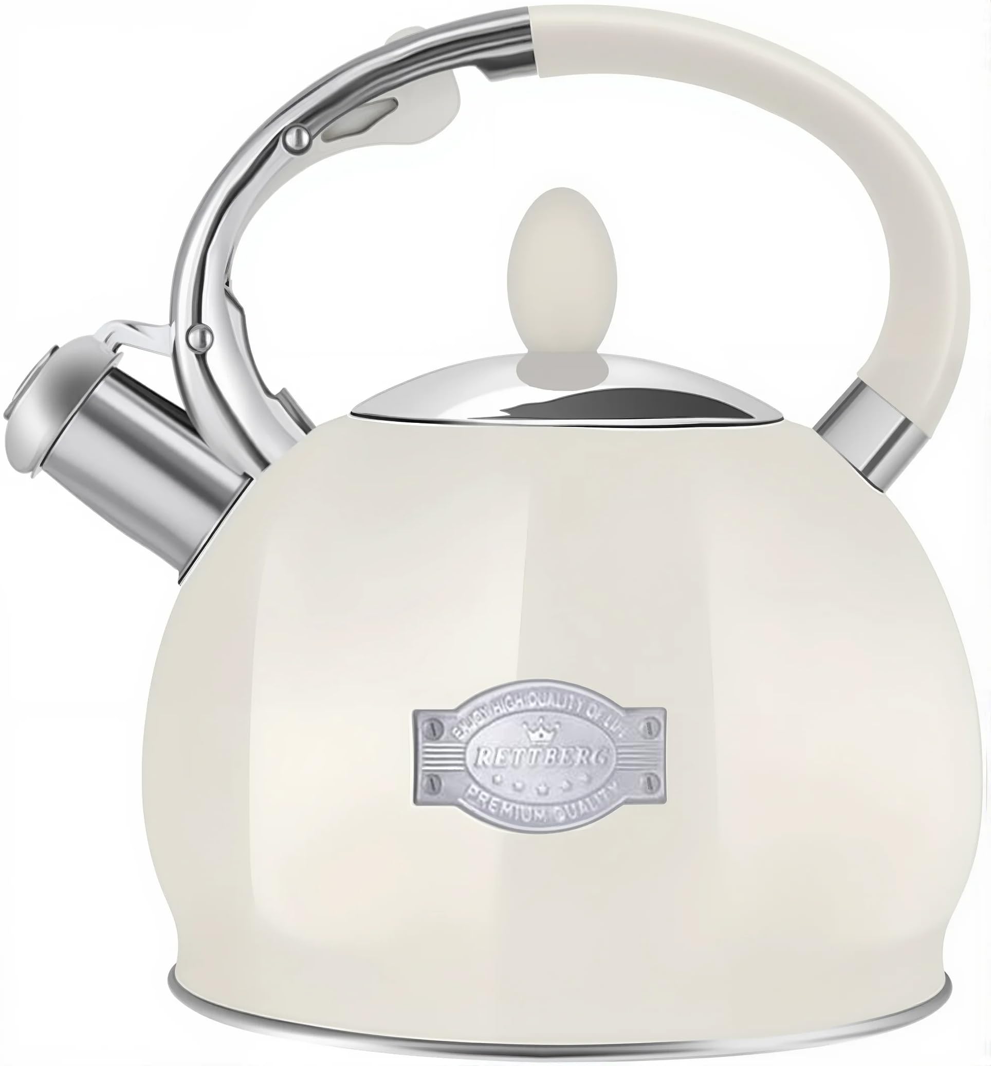 RETTBERG Tea Kettle for Stovetop Induction Whistling Tea Kettles 2.64 Quart Retro Food Grade Stainless Steel Teapots with Cool Touch Handle Creamy White