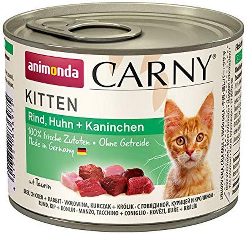 Kitten cat food, wet food for cats up to 1 year, beef, chicken + rabbit, 6 x 200g