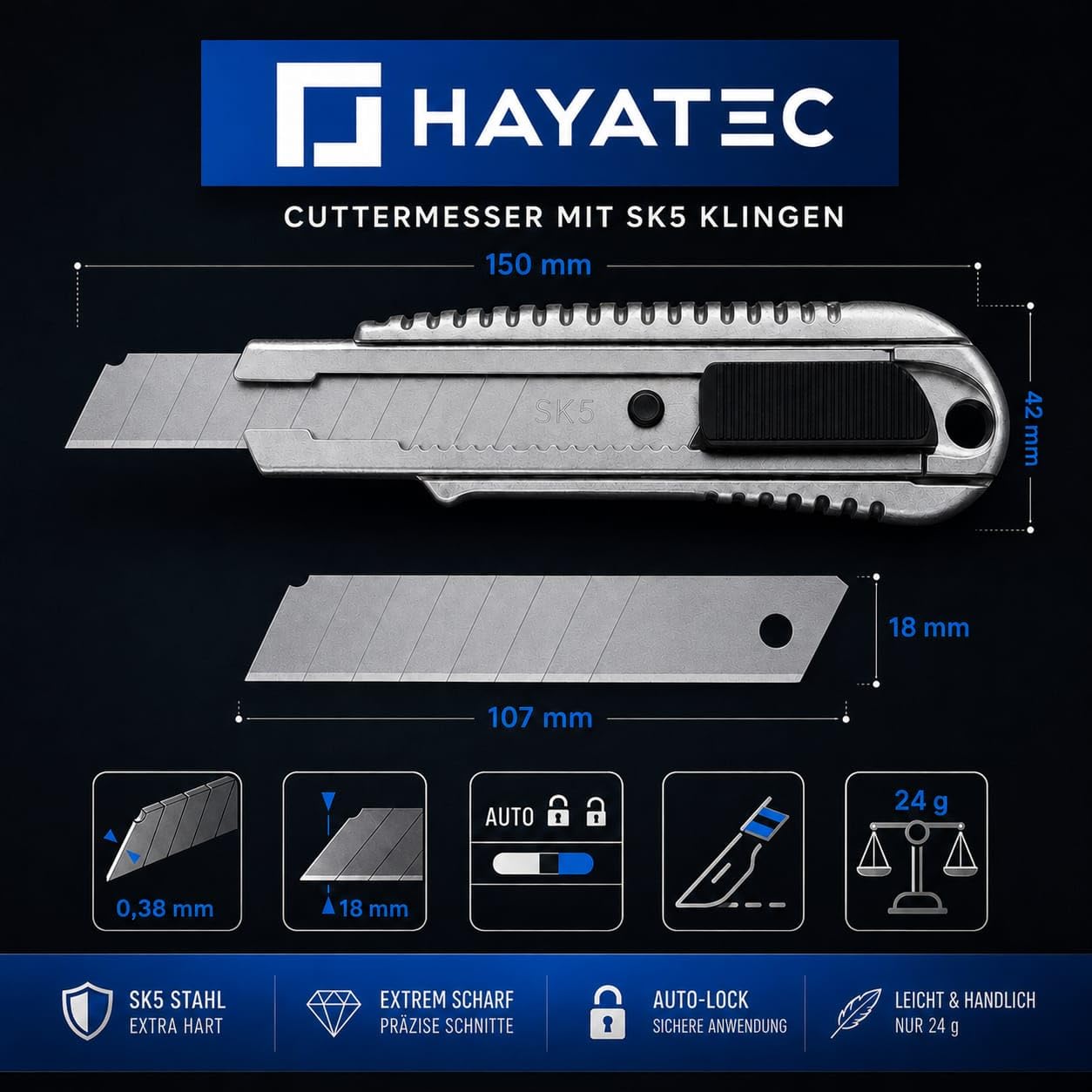 HAYATEC 10 cúteres profesionales de aluminio de 18 mm con 100 cuchillas separables SK5 multiusos
