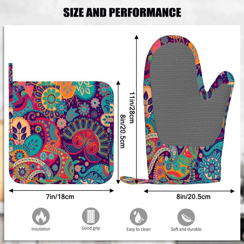 Juego de manoplas de horno de silicona con flores coloridas y soportes para ollas, exóticos, rizados, étnicos, fantásticos, florales, coloridos, artísticos, para cocina, hornear, asar a la 3