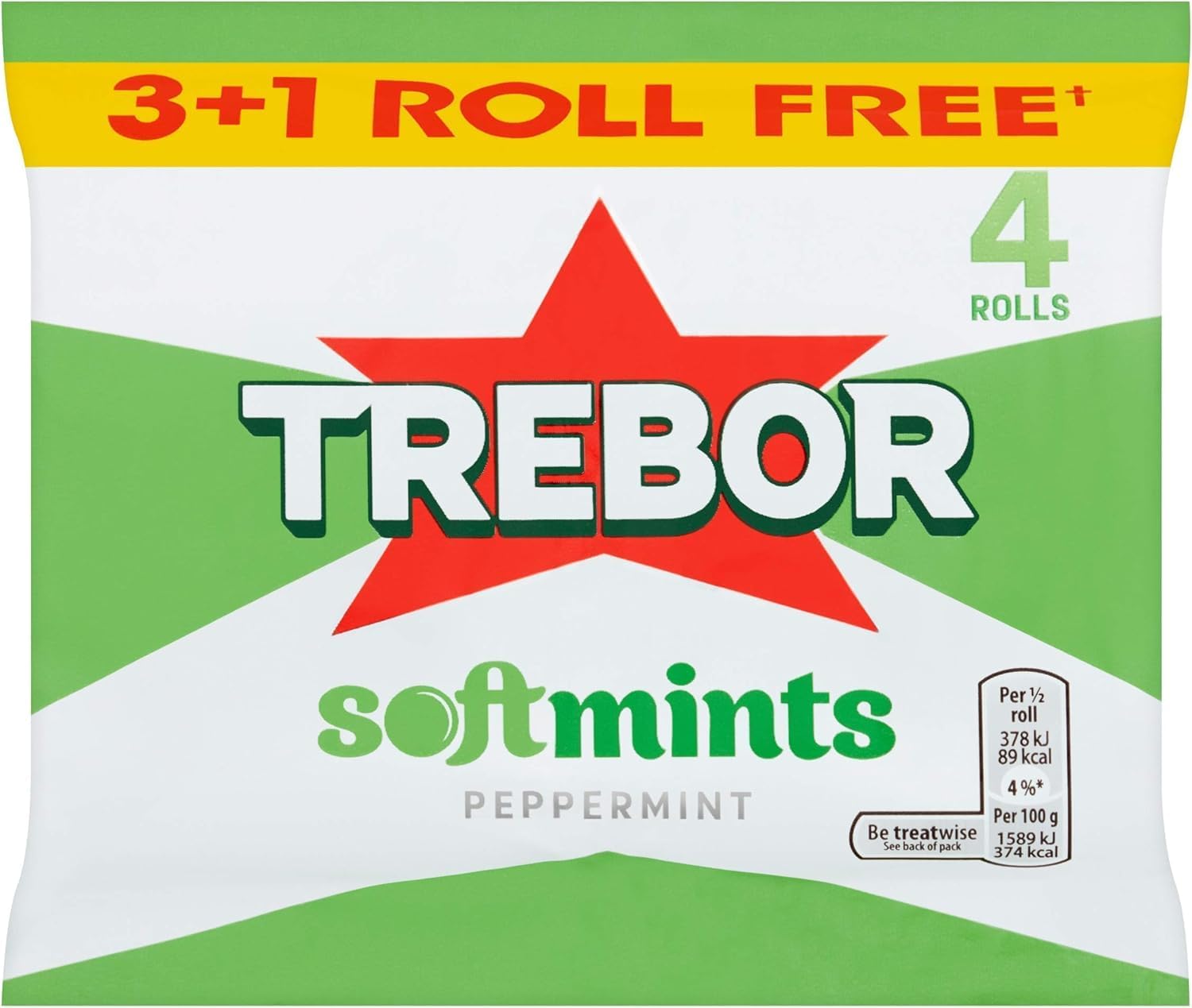 TreborSoftmints Peppermint, Refreshing Spearmint Flavoured Soft Mints, 4 x 44.75 g Rolls (Pack of 1)