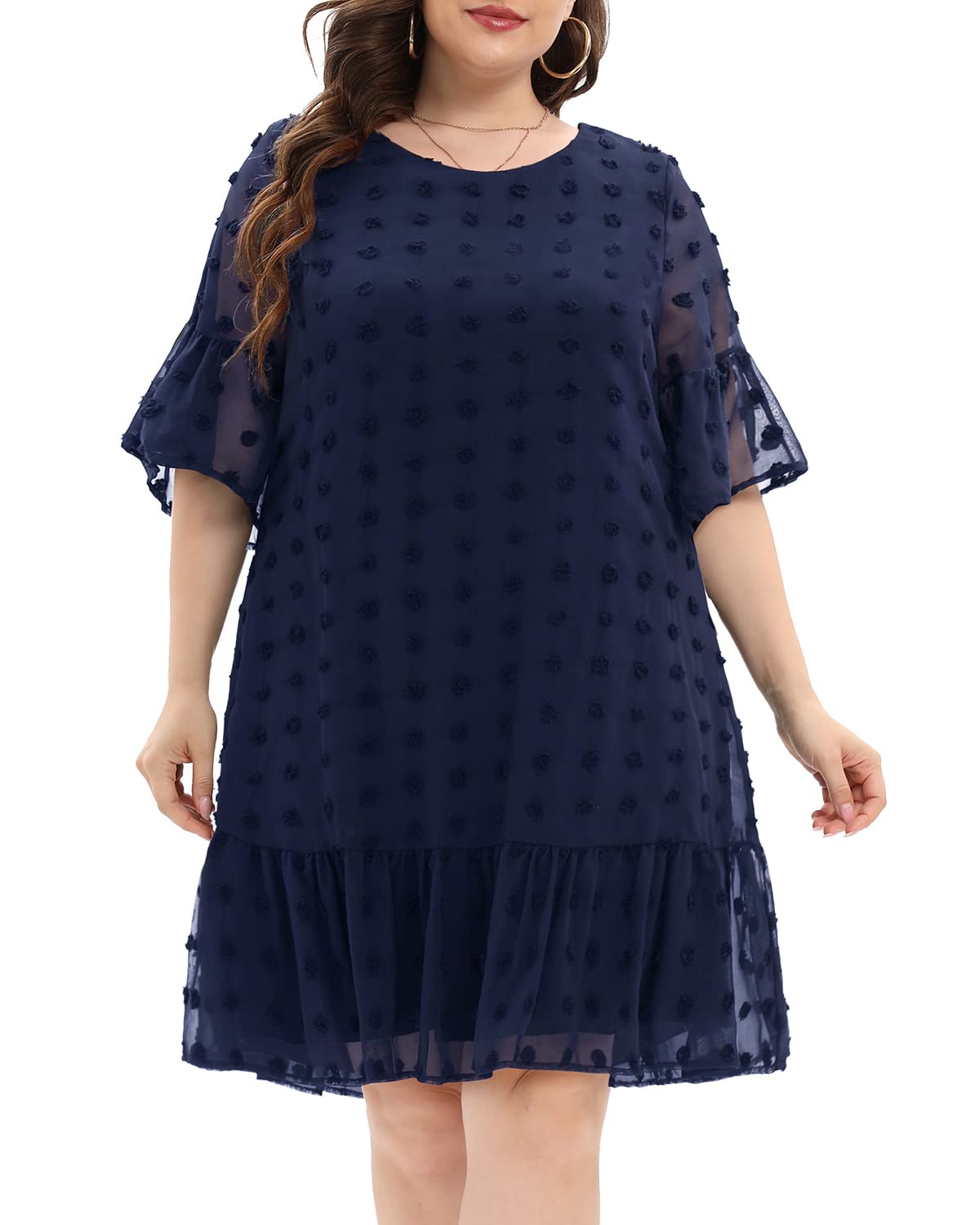 Women's Plus Size Swiss Dot Short Sleeve Ruffle Cute Summer Chiffon Loose Flowy Shift Mini Dress