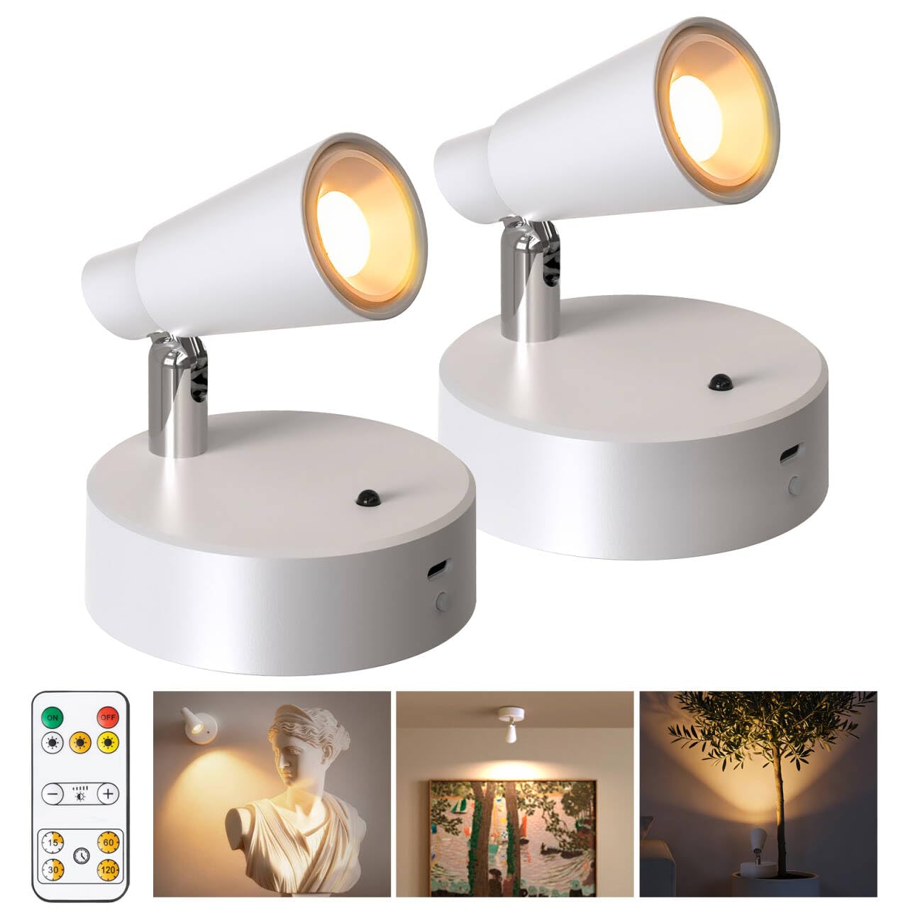 Lámpara de pared LED con Recargable 5000mAh, 2Pack USB Foco Recargable 350° Giratorio de 3 Colores Atenuación Continua con Control Remoto Táctil pare Planta, Obras Arte, Habitación, Estar