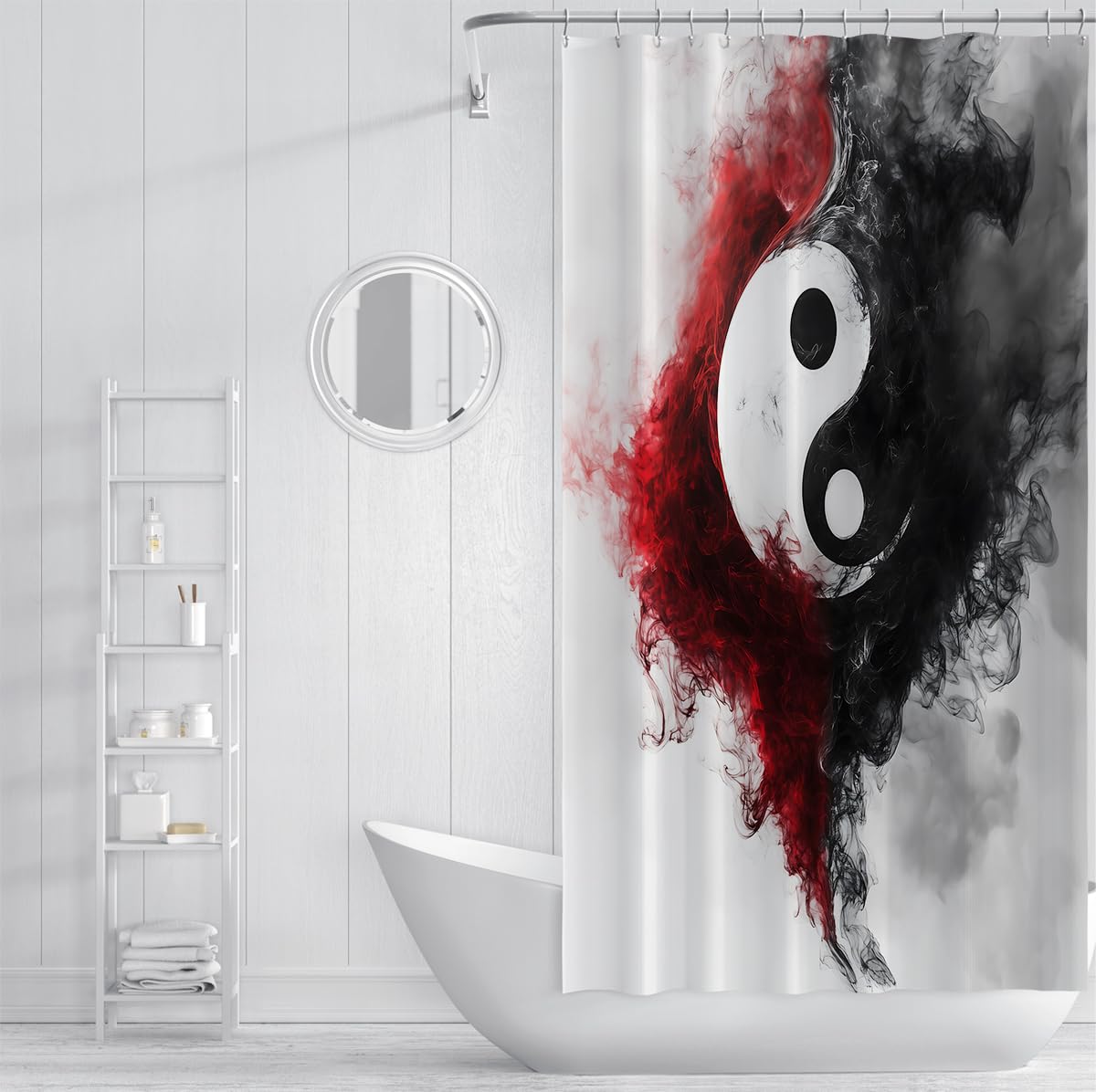 Ink Fluid Art Yin Yang Duschvorhang Rot, Schwarz & Weiß Taiji Stoff Badevorhang Abstrakt Aquarell Balance Badezimmerdekoration Wasserdicht 200 x 240 cm