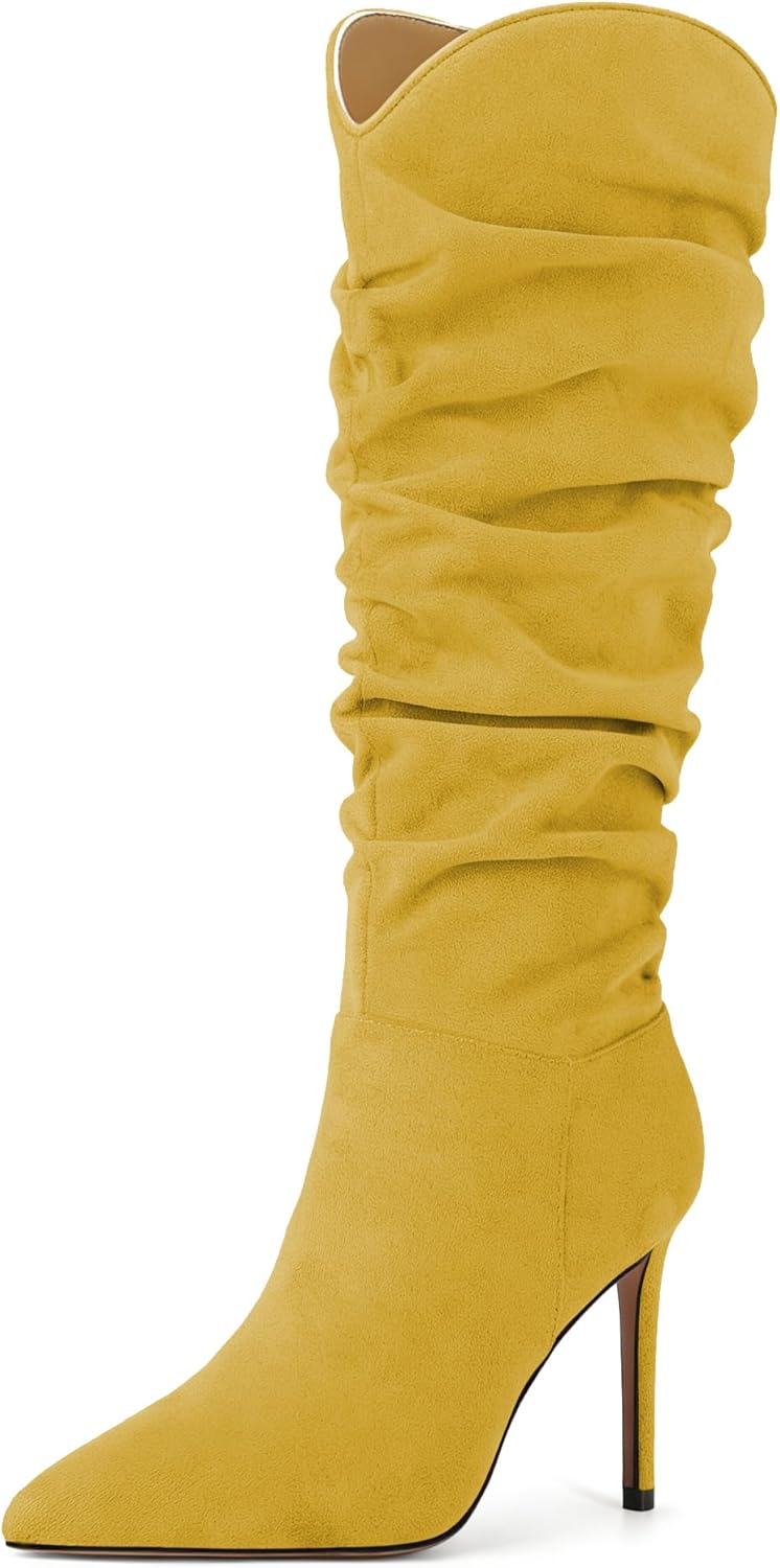 AUMOTED Knee High Boots for Women Stiletto Heel Womens Boots Side Zipper Slouchy High Boots for Women 4 Inch Heeled Boots